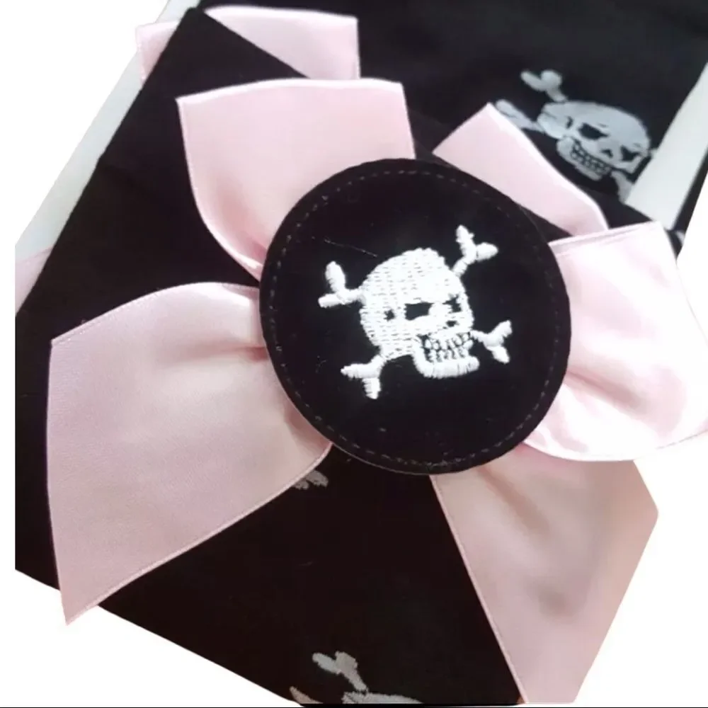 Black Skulls Crossbones Satin Bow Tall Over Knee Socks Stockings NEW